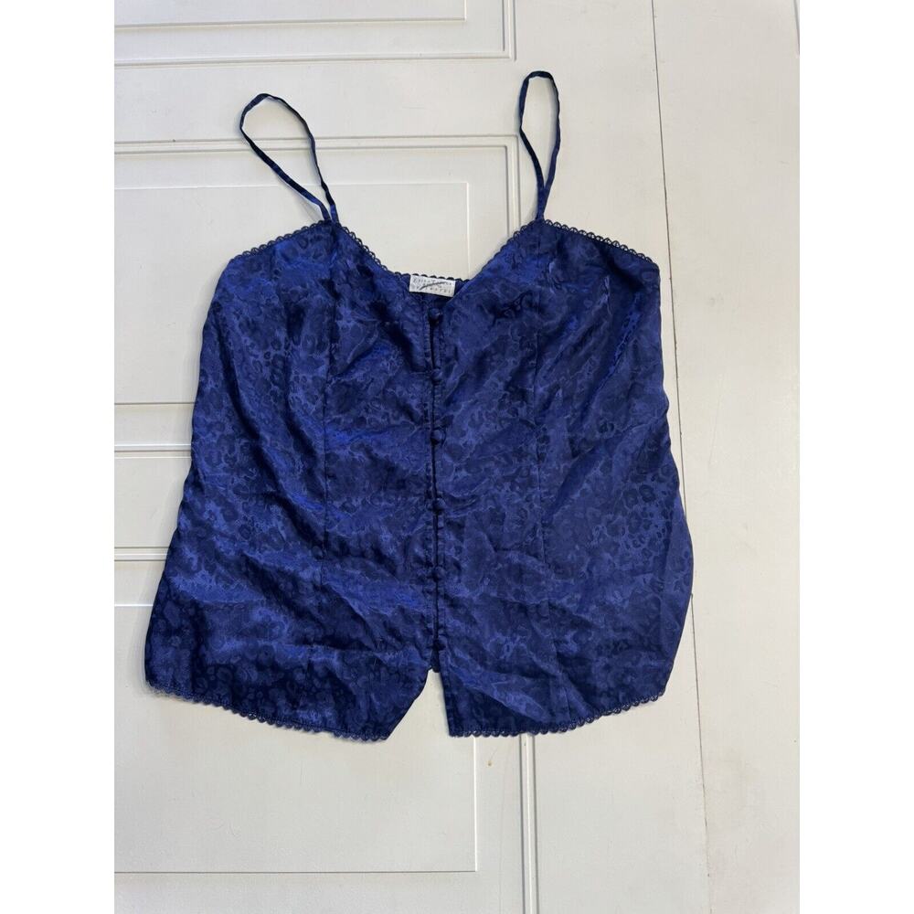 VTG Erika Taylor Navy Embossed Leopard Print Satin Camisole Nightie Top sz M